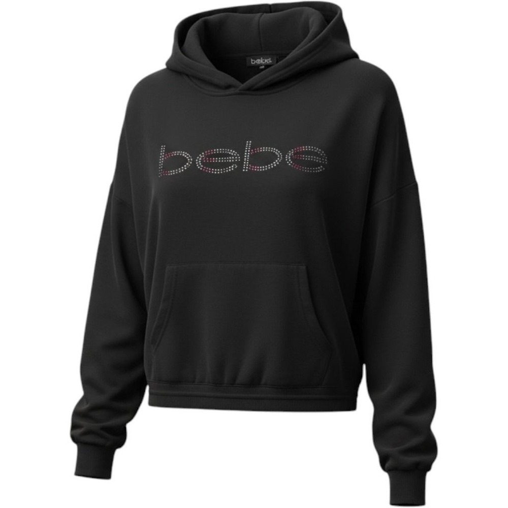 Bebe Sport Women Hoodie Large Black Rhinestone Logo Cropped Sweatshirt NWT
